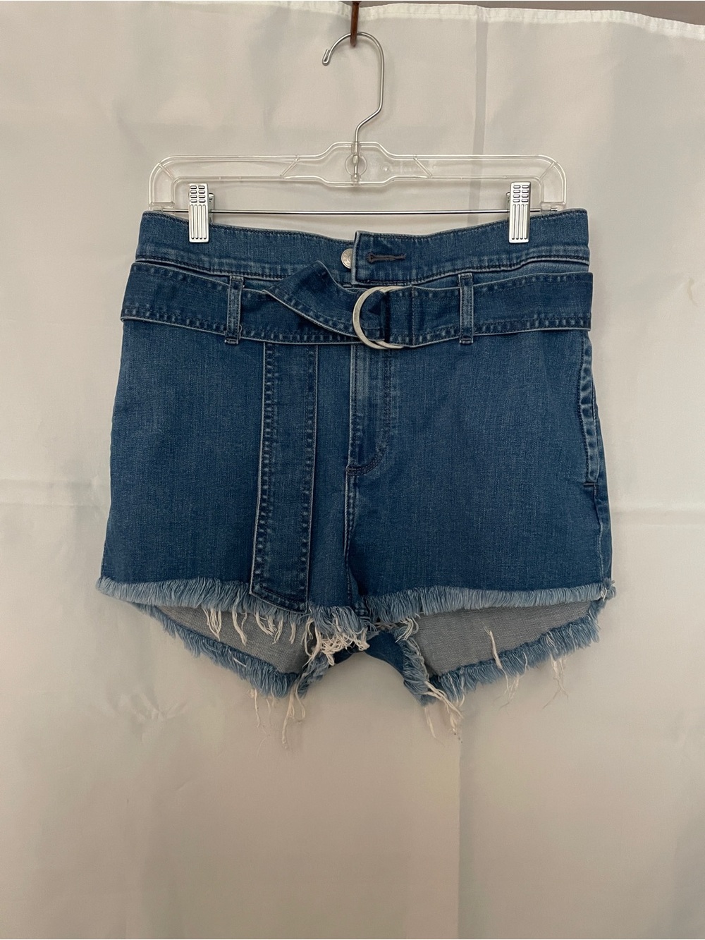 Express Blue High-Rise Frayed-Hem Denim Shorts with D-Ring Belt